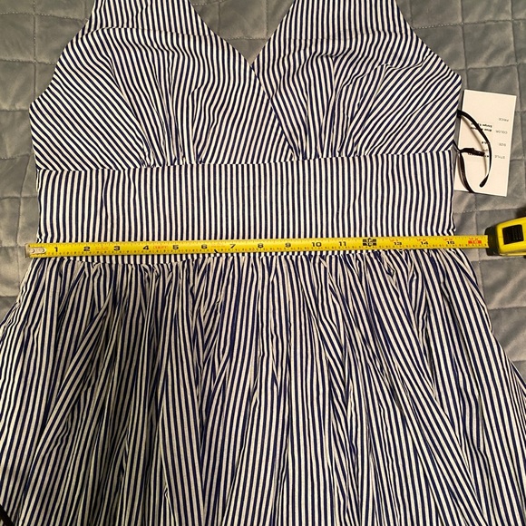 Unique Vintage Blue and White Striped Halter Dress with Embroidered Eyelet Trim - Picture 12 of 13